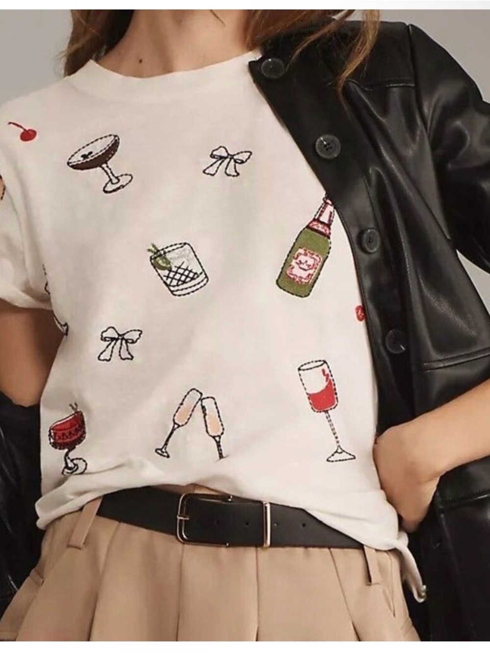 Maeve White Cocktail Embroidered Short Sleeve Tee - M
